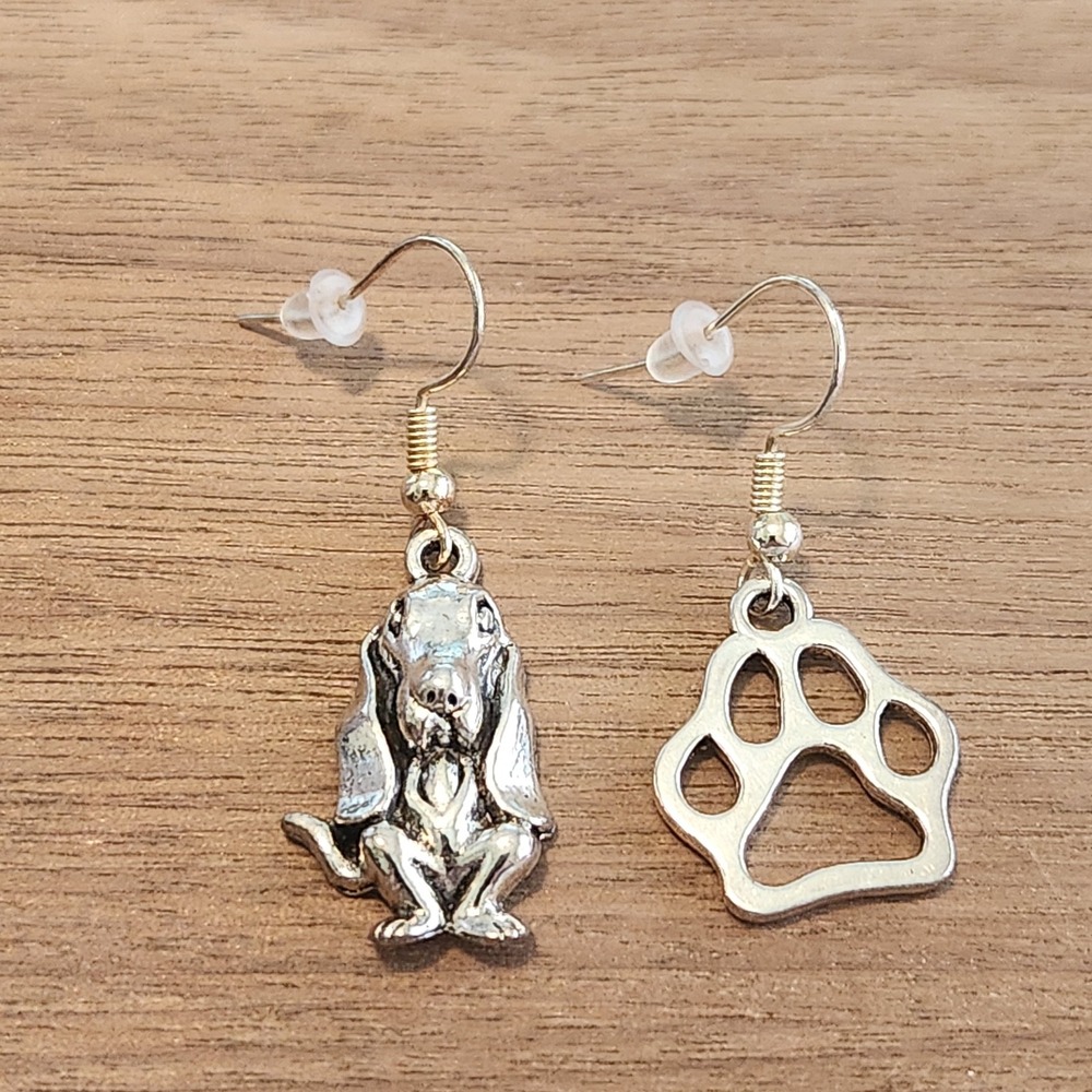 Basset Hound Dog Mismatched Silver‎ Tone Paw Bone Drop Earrings Pet Lover Gift